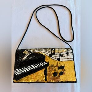Vintage Beaded Sequin Black and Gold Piano Music Purse